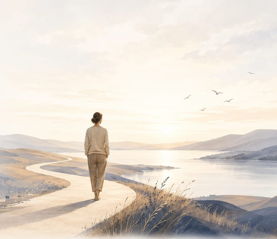 Illustration: Eine Frau geht auf einem hellen Weg durch eine ruhige Landschaft dem Licht entgegen – Sinnbild für Hoffnung, Orientierung und den Beginn eines neuen Weges