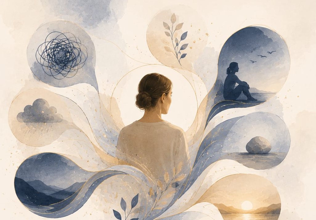 Illustration: Eine Frau, umgeben von sanften Bildwelten verschiedener Lebensthemen – von belastenden Gedanken hin zu Ruhe und einem Sonnenaufgang