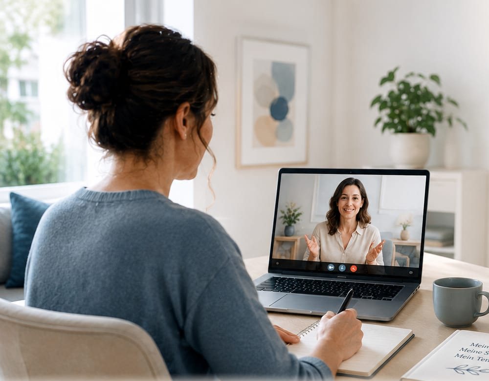 Eine Frau sitzt in ihrer vertrauten Umgebung am Schreibtisch und führt ein Online-Gespräch am Laptop