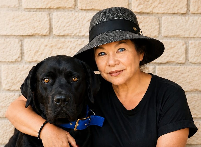Sabine Kuhn mit Hut, die ihren schwarzen Hund im Arm hält – ein persönliches, natürliches Foto
